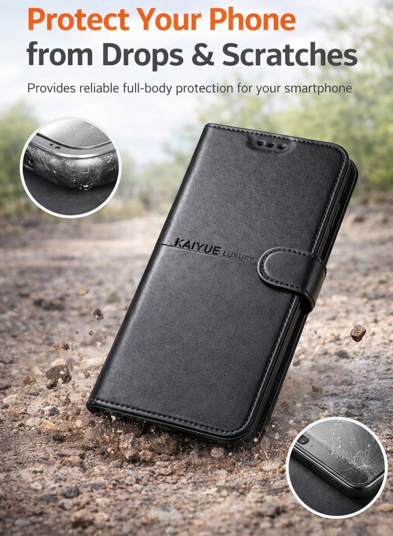 كايا جراب جلد أنيق وش وظهر لموبايل Vivo V60 Lite – حماية متكاملة من الصدمات والخدوش اليومية – لون أسود فاخر - Image 3